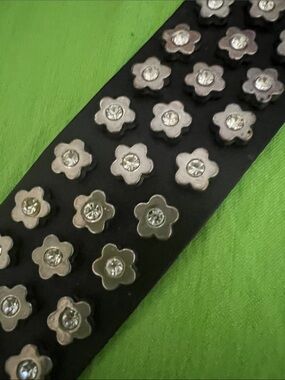 Black Leather Rhinestone Floral Stud Bracelet -Cuff